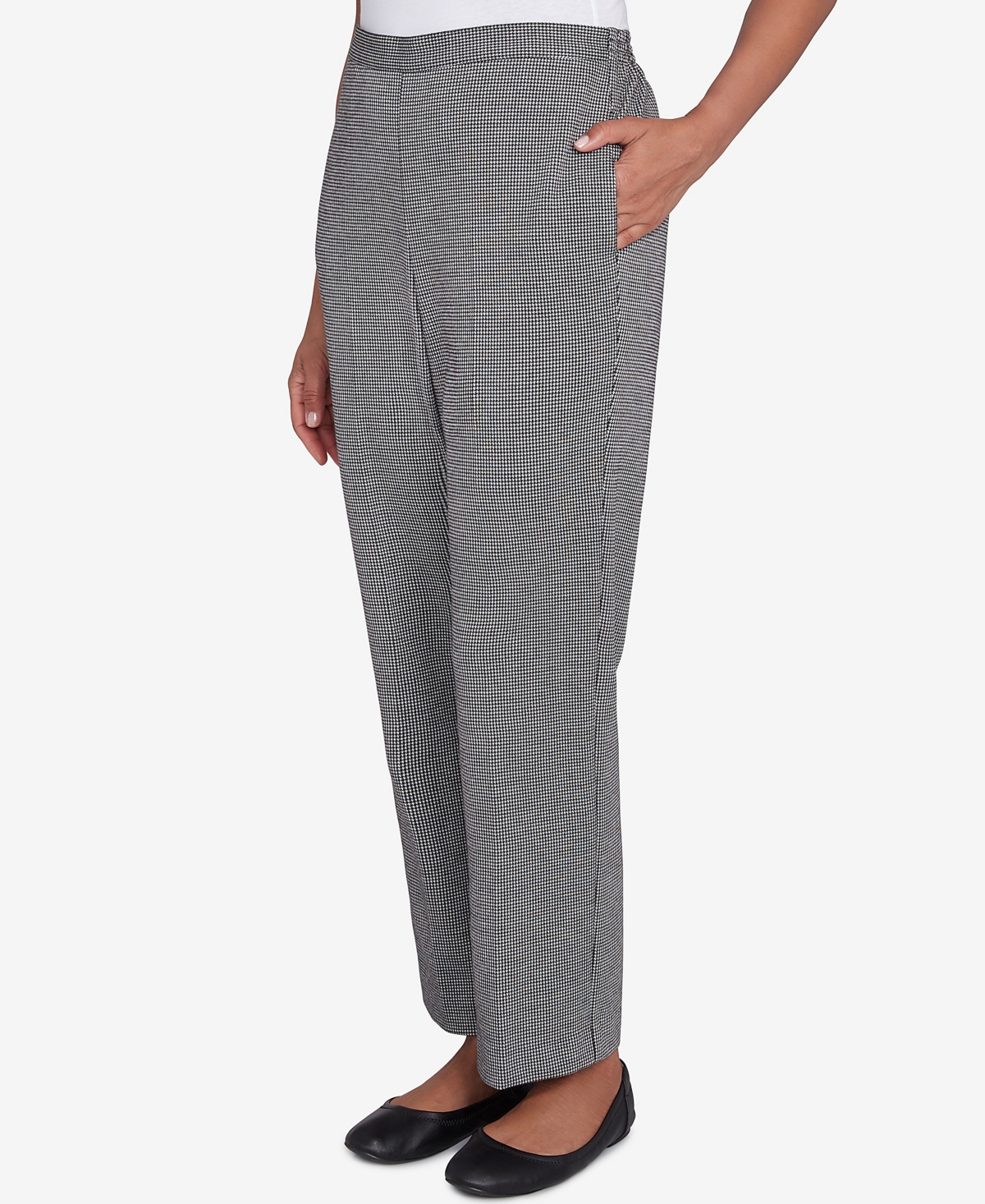 Alfred Dunner Petite Runway Ready Chic Pull On Houndstooth Medium Length Pants -White Metallic