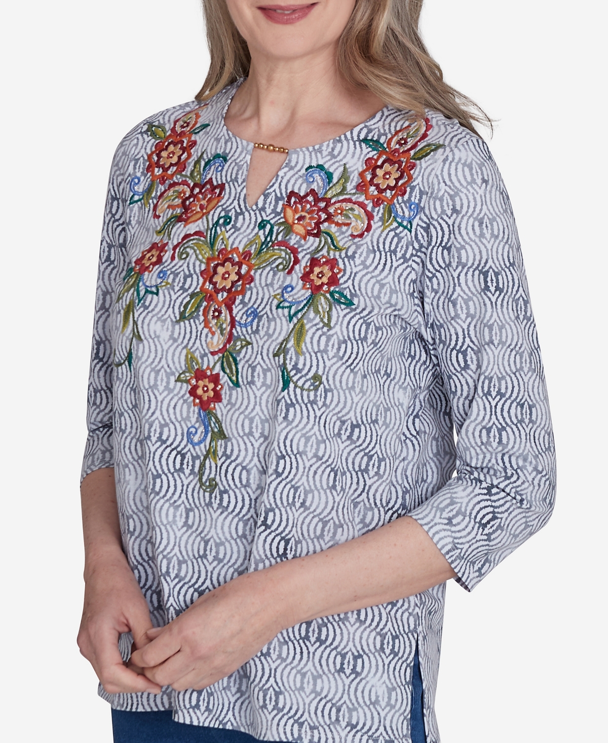 Alfred Dunner Harvest Moon Women's Textured Floral Embroidered Split Neck Top In Grey