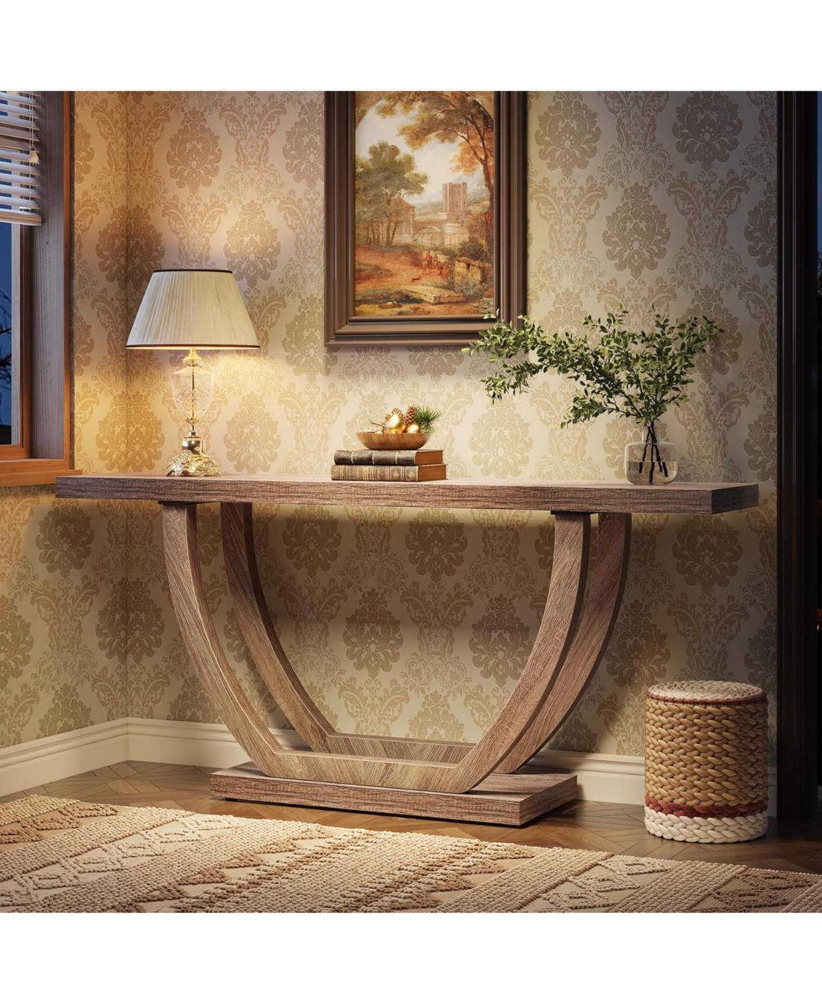 Tribesigns 63-Inch Wood Console Table with Geometric Base, 2-Tier Farmhouse Sofa Table Narrow Long, Thickened Behind Couch Table with Shelves for Livi