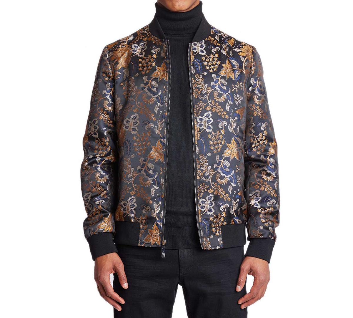 Men's Hyde Slim Fit Leaf Print Bomber Jacket - Black Navy Gold