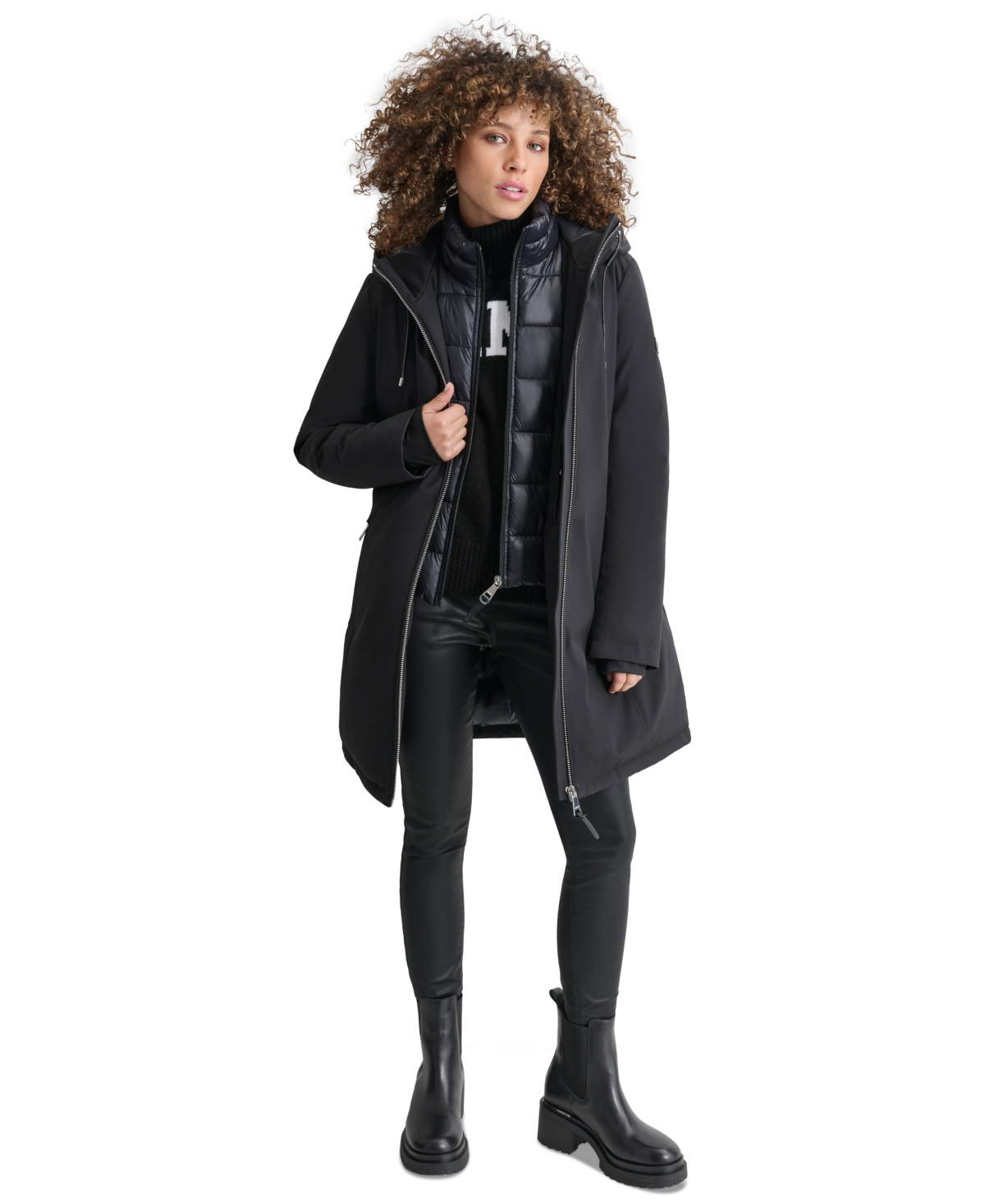 Dkny Womens Hooded Bibbed Zip-Front Puffer Coat