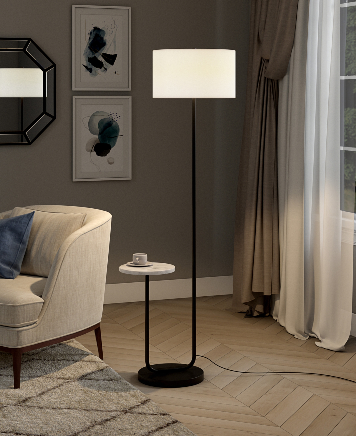 Hudson & Canal 65.75" Metal Jacinta Floor Lamp In Blackened Bronze,white Marble