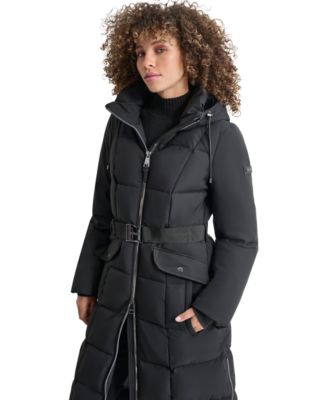 Womens Maxi Belted Hooded Puffer Coat