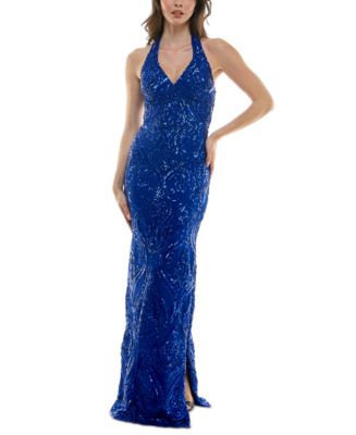 B Darlin Juniors' Sequined Halter V-Neck Open-Back Gown - Macy's