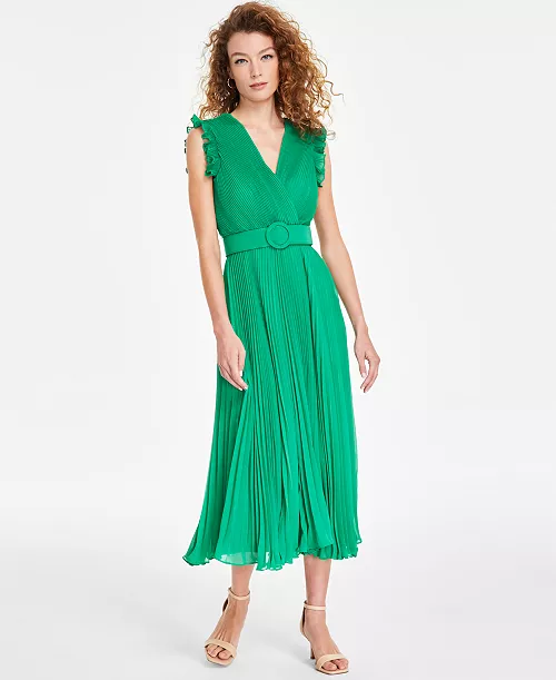 women's belted pleated chiffon midi dress