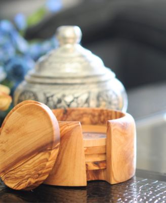 Olive Wood Coaster Set of 6 with Holder