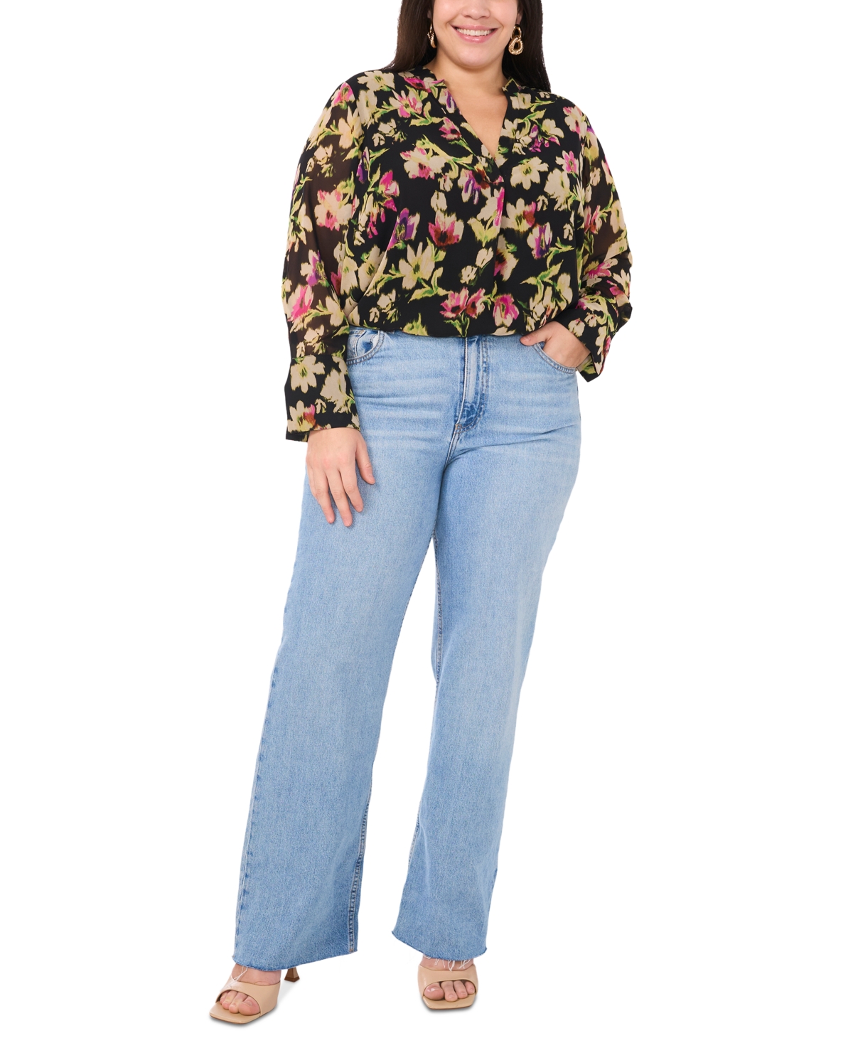 Vince Camuto Plus Size Floral-Print Split-Neck Long-Sleeve Top