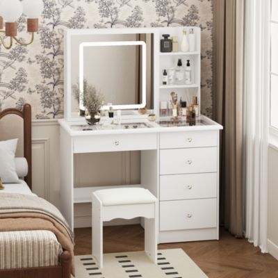 White Wood Makeup Vanity Set Dressing Desk with Glass Top