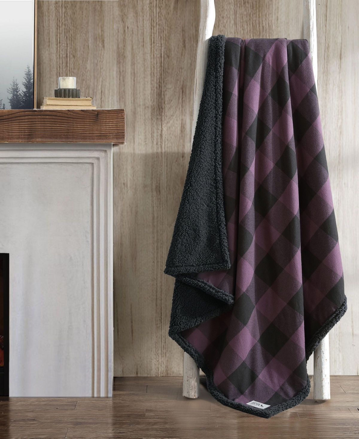 Eddie Bauer Cabin Plaid Cotton Flannel Reversible Throw Blanket In Dark Plum Grey,black