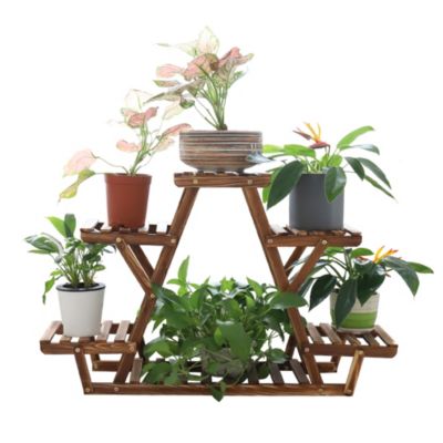 Wooden Plant Stand 6 Tier Bonsai Display Shelf Carbonized Wood for Porch Outdoor