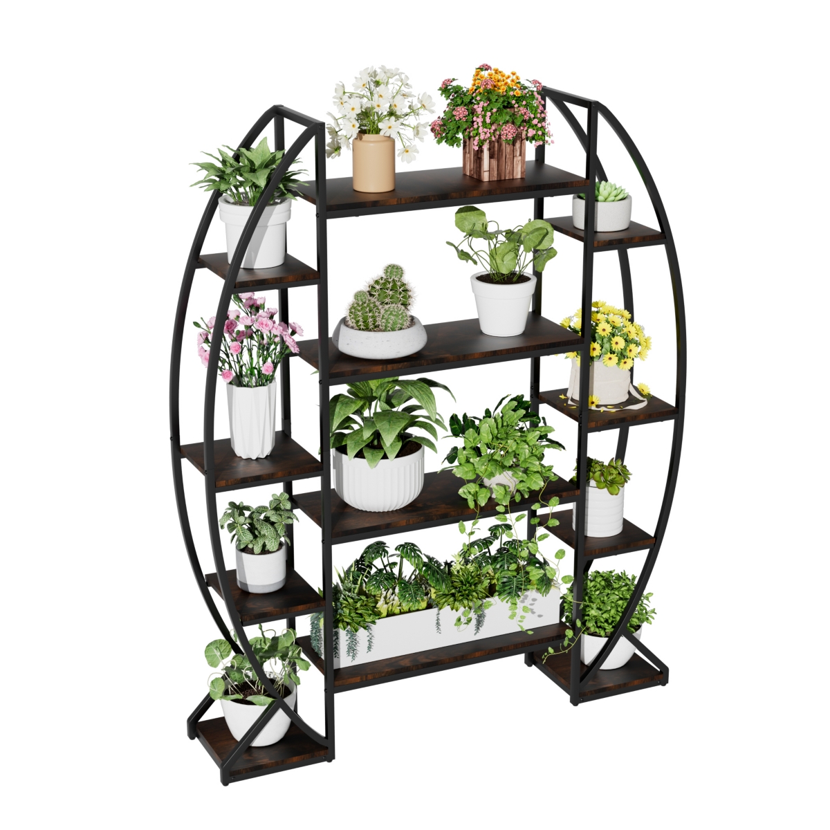 Industrial Curved Oval Bookshelf Metal Multi-tiered Flower Pot Rack Garden Stand - Black  brown