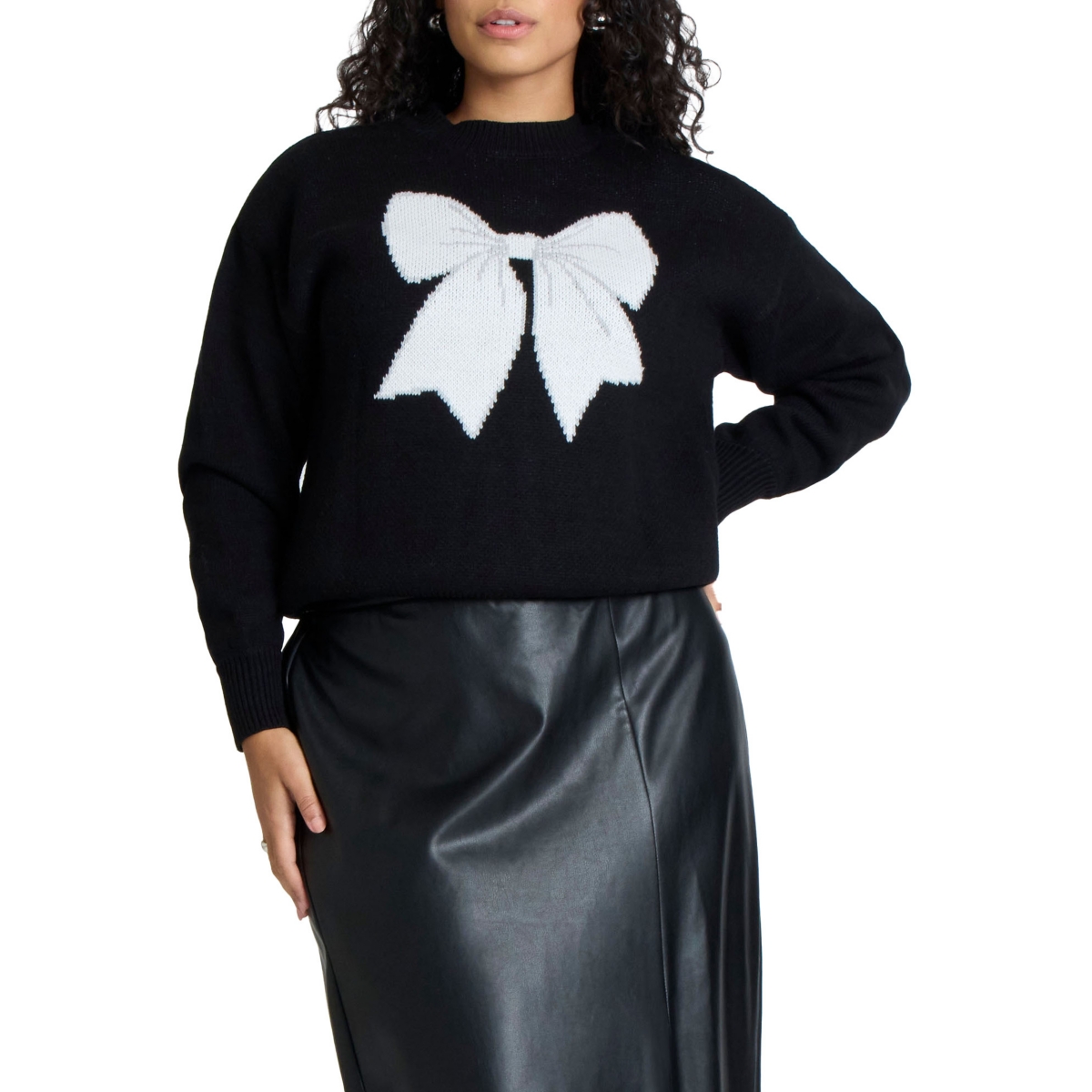 Eloquii Plus Size Bow Intarsia Sweater - Black and white