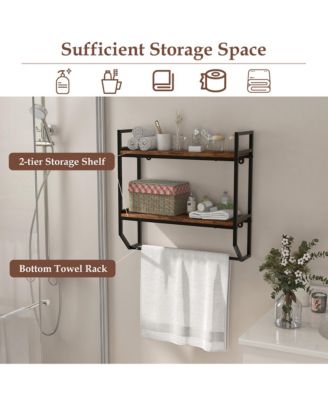 Wall Mounted Bathroom Shelf Industrial 2-Tier Storage Rack w/ Towel Bar Kitchen