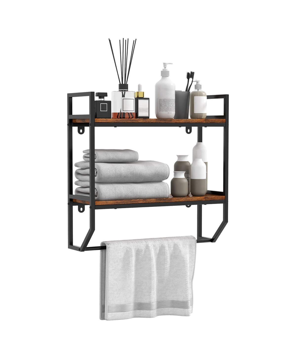 Wall Mounted Bathroom Shelf Industrial 2-Tier Storage Rack w/ Towel Bar Kitchen - Rustic brown+black