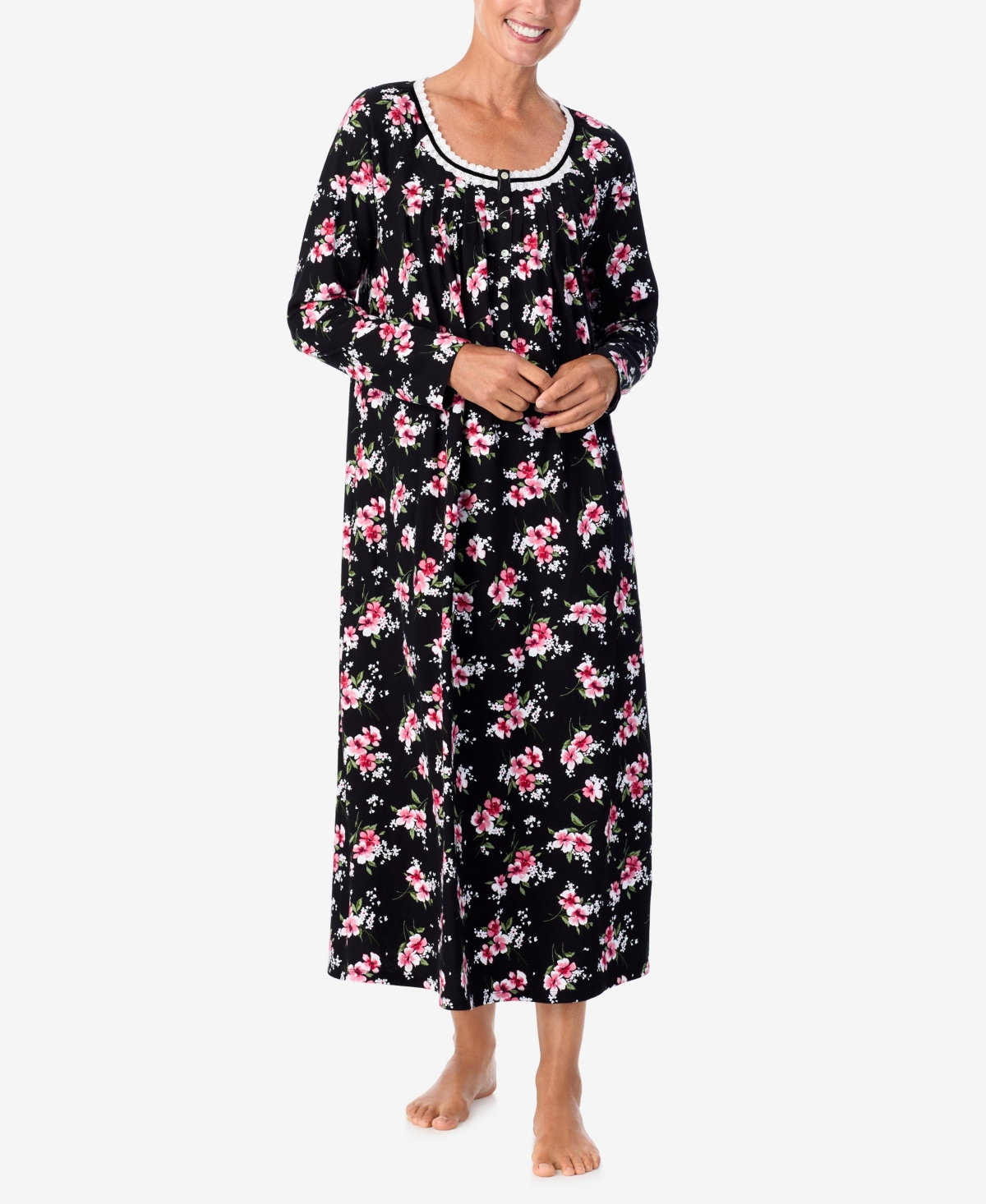 Women's Long Sleeve Sleepshirt - Black Floral Print