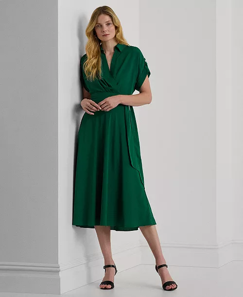 women's self-belt roll-tab sleeve surplice crepe dress