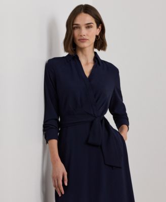 【Lauren Ralph Lauren】Self-Belt Long-Sleeve Midi Dress Lauren Ralph Lauren Women's Self-Belt Long-Sleeve Surplice