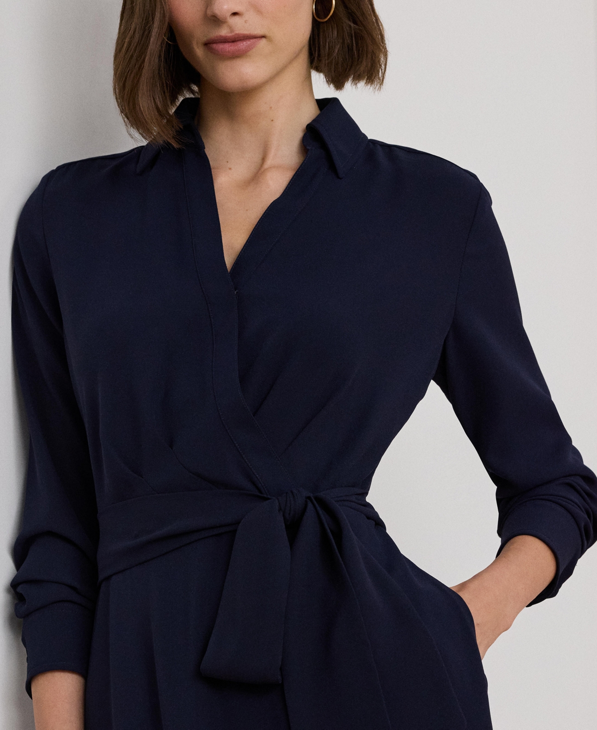 RALPH LAUREN WOMEN'S SELF-BELT LONG-SLEEVE SURPLICE GEORGETTE MIDI DRESS 
