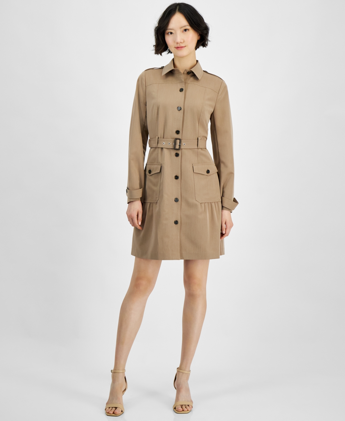 Women's Belted Safari Long-Sleeve Dress - Latte