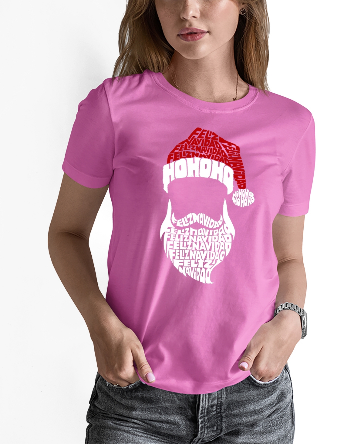 La Pop Art Women's Feliz Navidad Santa Claus Word Art Crew Neck T-Shirt