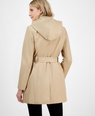 Women's Zip-Front Hooded Belted Trench Coat