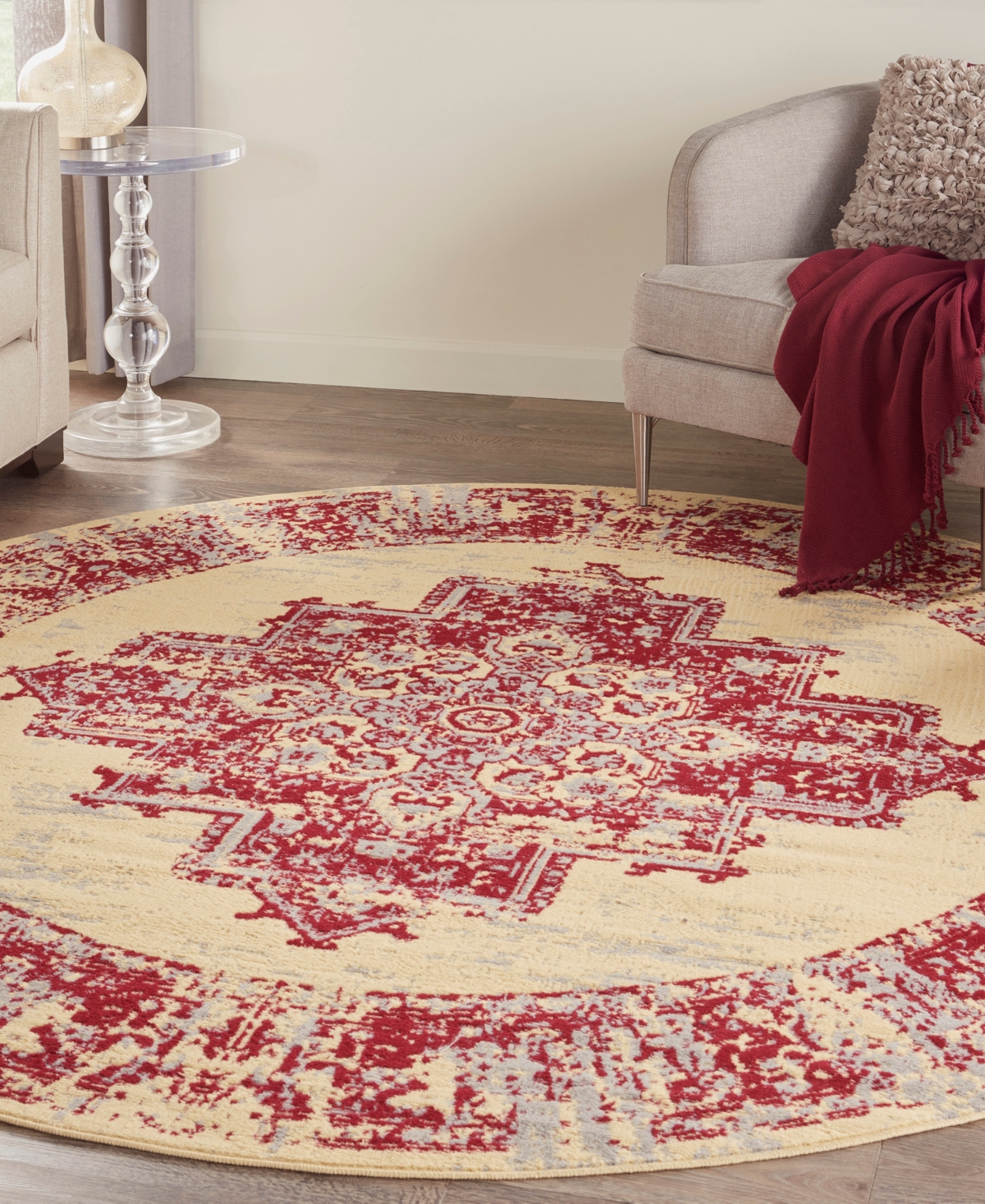 Nourison Home Grafix Grf14 8'x8' Round Area Rug In Cream,red