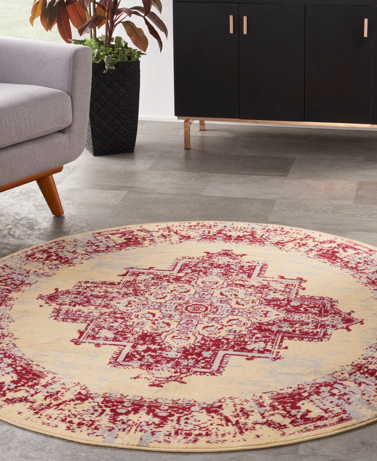 Nourison Home Grafix Grf14 5'3"x5'3" Round Area Rug In Cream,red
