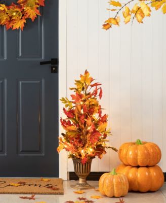 36"H Fall Lighted Maple Leaves Urn Potted Porch Tree, 20 Warm Lights with Timer