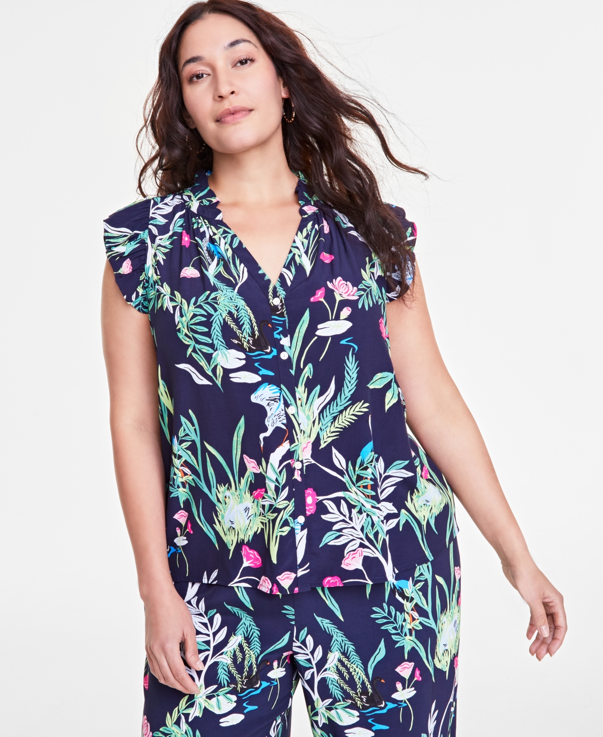 ON 34TH TRENDY PLUS SIZE FLUTTER-SLEEVE PRINTED SHIRT, EXCLUSIVELY AT MACY'S 