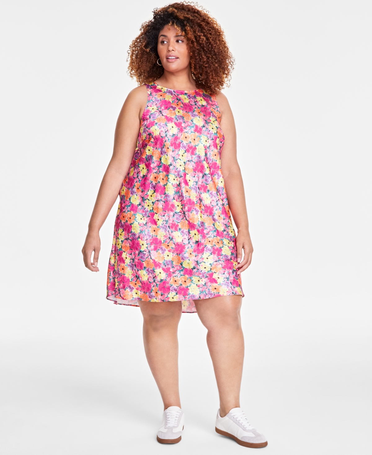 ON 34TH TRENDY PLUS FLORAL SATIN ROUND-NECK MINI DRESS, EXCLUSIVELY AT MACY'S 