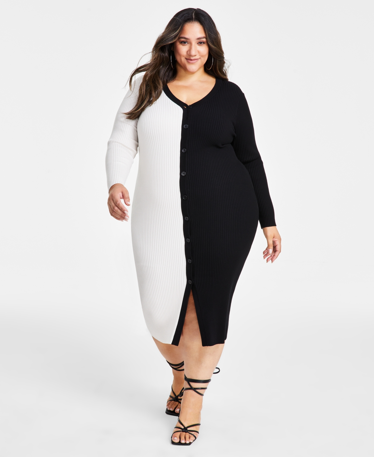 Nina Parker Trendy Plus Size Ribbed Button-Front Dress - Black  White