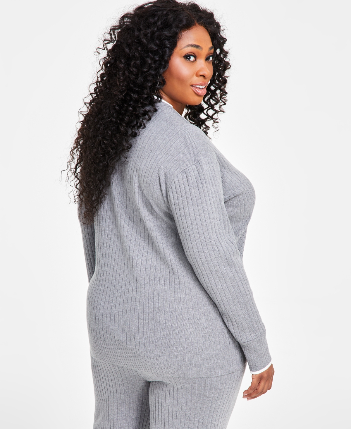 Nina Parker Trendy Plus Size Rib-Knit Henley Cardigan