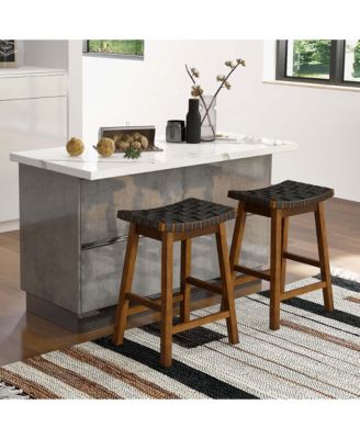 Woven Saddle Stools Set of 2 25.5'' Faux PU Leather Counter Height Kitchen Stool