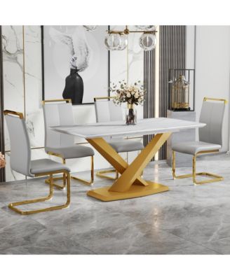 Table and chair set, The table is equipped with a marble patterned MDF tabletop and gold table legs.The chair is equipped with PU synthetic leather high back cushion and gold coated metal legs.