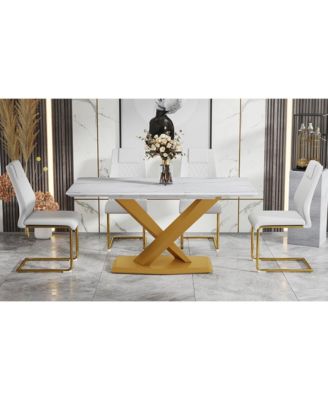 Table and chair set, The table is equipped with a marble patterned MDF tabletop and gold table legs.Dining chairs, gold legged upholstered chairs made of artificial leather.