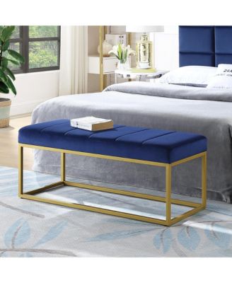 Modern Tufted Channel Entryway Bench Emerald Velvet Upholstered End of Bed Bench with Metal Frame, Footboard Bench for Living Room, Bedroom