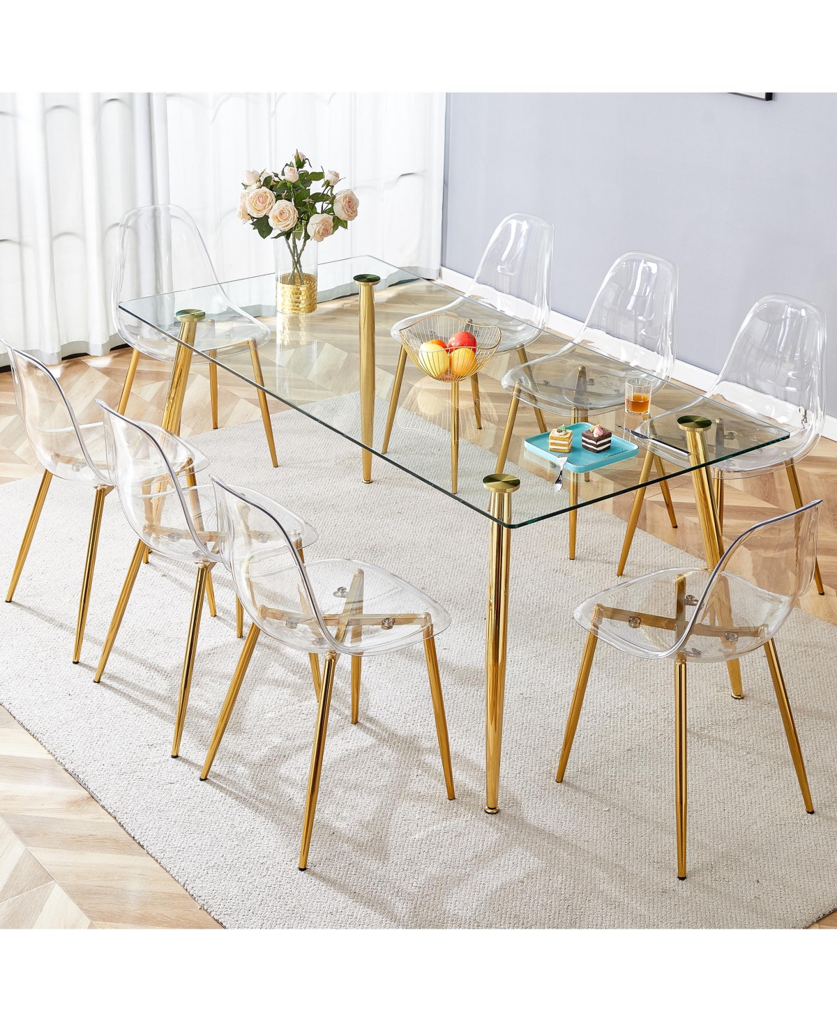 Streamdale Furniture Table and chair set.Modern rectangular glass dining table with tempered glass countertop and golden metal legs, paired with multi