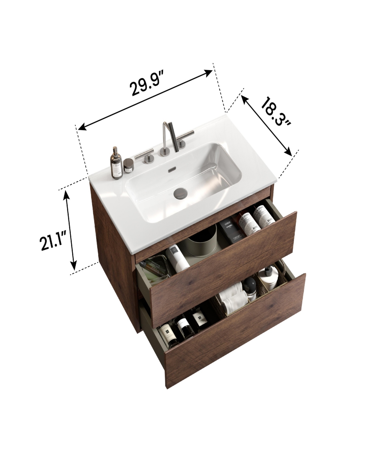 Simplie Fun Wall Mount 30" Walnut Bathroom Vanity with Ceramic Sink with three faucet holes, Large Storage Floating Bathroom Vanity for Modern Bathroo