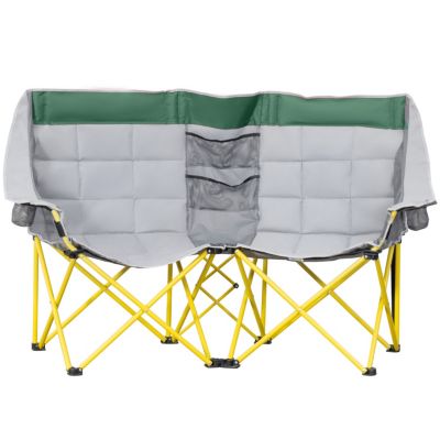 Loveseat Style Camping Chair, Oversized Folding Lawn Chair with Carry Bag & Cup Holders, for Outdoor, Beach, Picnic, Hiking, Travel, Green & Gray
