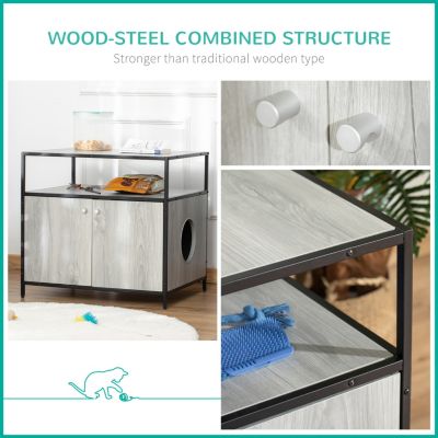 Wooden Cat Litter Box Enclosure, Hidden Kitten Washroom, Indoor End Table with Magnetic Doors & Storage Shelves, Gray