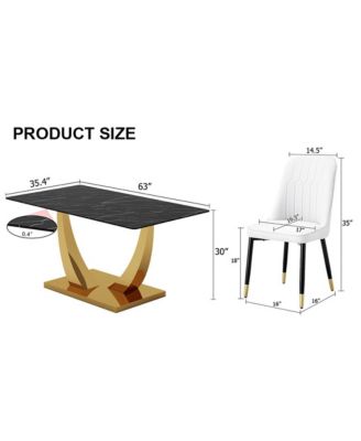 Table and chair set.Modern rectangular dining table with black textured stickers glass tabletop and gold plated metal legs.Paired with 6 comfortable chairs with PU seats and black metal legs.