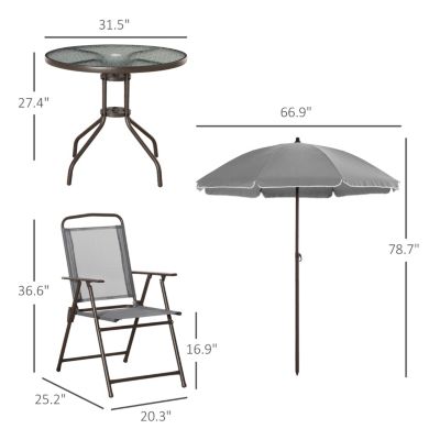 6 Piece Patio Dining Set for 4 with Umbrella, Outdoor Table and Chairs with 4 Folding Dining Chairs & Round Glass Table for Garden, Backyard and Poolside, Gray