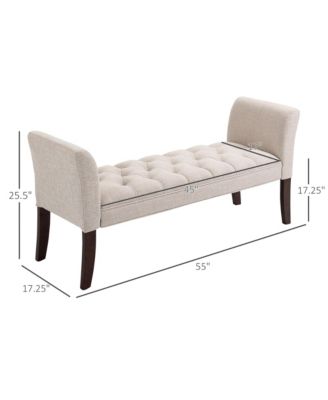 End of Bed Bench with Button Tufted Design, Upholstered Bedroom Entryway Bench with Arms and Solid Wood Legs for Bedroom, Beige