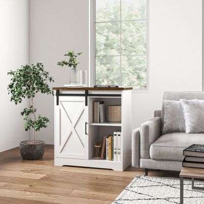 Farmhouse Coffee Bar Cabinet, 33" Buffet Sideboard with Sliding Barn Door and Adjustable Shelf, Kitchen Buffet Cabinet, White