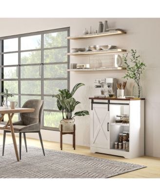 Farmhouse Coffee Bar Cabinet, 33" Buffet Sideboard with Sliding Barn Door and Adjustable Shelf, Kitchen Buffet Cabinet, White
