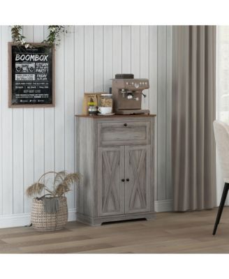 Farmhouse Barn Door Accent Cabinet, Kitchen Sideboard Storage Cabinet with Double Doors, Drawer, and Adjustable Shelf for Bedroom, Living Room, Gray