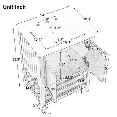 24" Black Modern Sleek Bathroom Vanity Elegant Ceramic Sink with Solid Wood Frame Open Style Shelf