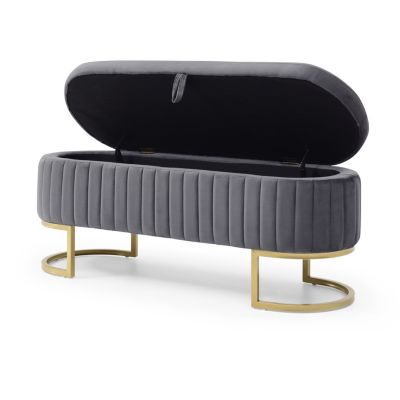 Storage Bench Bedroom Bench, Velvet Oval Upholstered End of Bed Bench with Golden Metal Legs,50" Modern Storage Ottoman Bench for Bedroom, Living Room, Entryway, Window, Grey