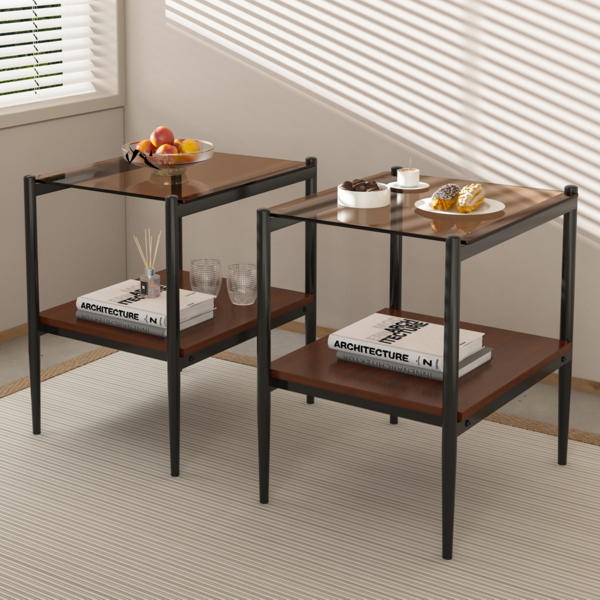 Streamdale Furniture Set of 2 Rectangle End Table, Tempered Glass Tabletop with Mdf layer, Modern Table for Living Room