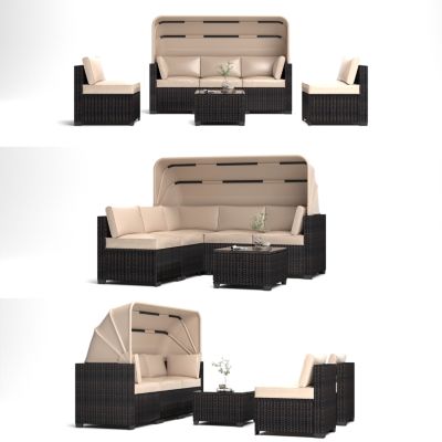 Streamdale 6-Piece Outdoor Rattan Daybed Set with Retractable Canopy